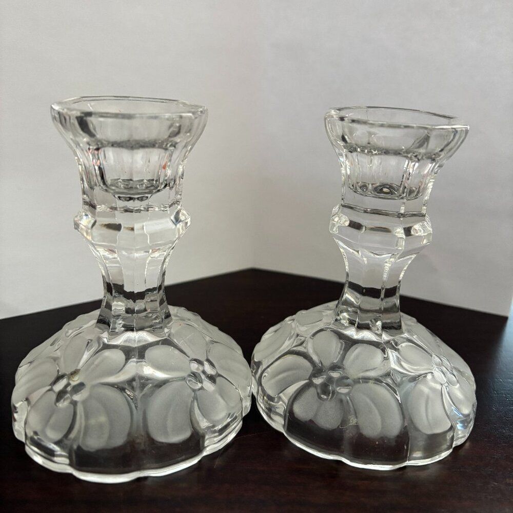 Vintage Pair of Crystal Candlesticks with Floral Design